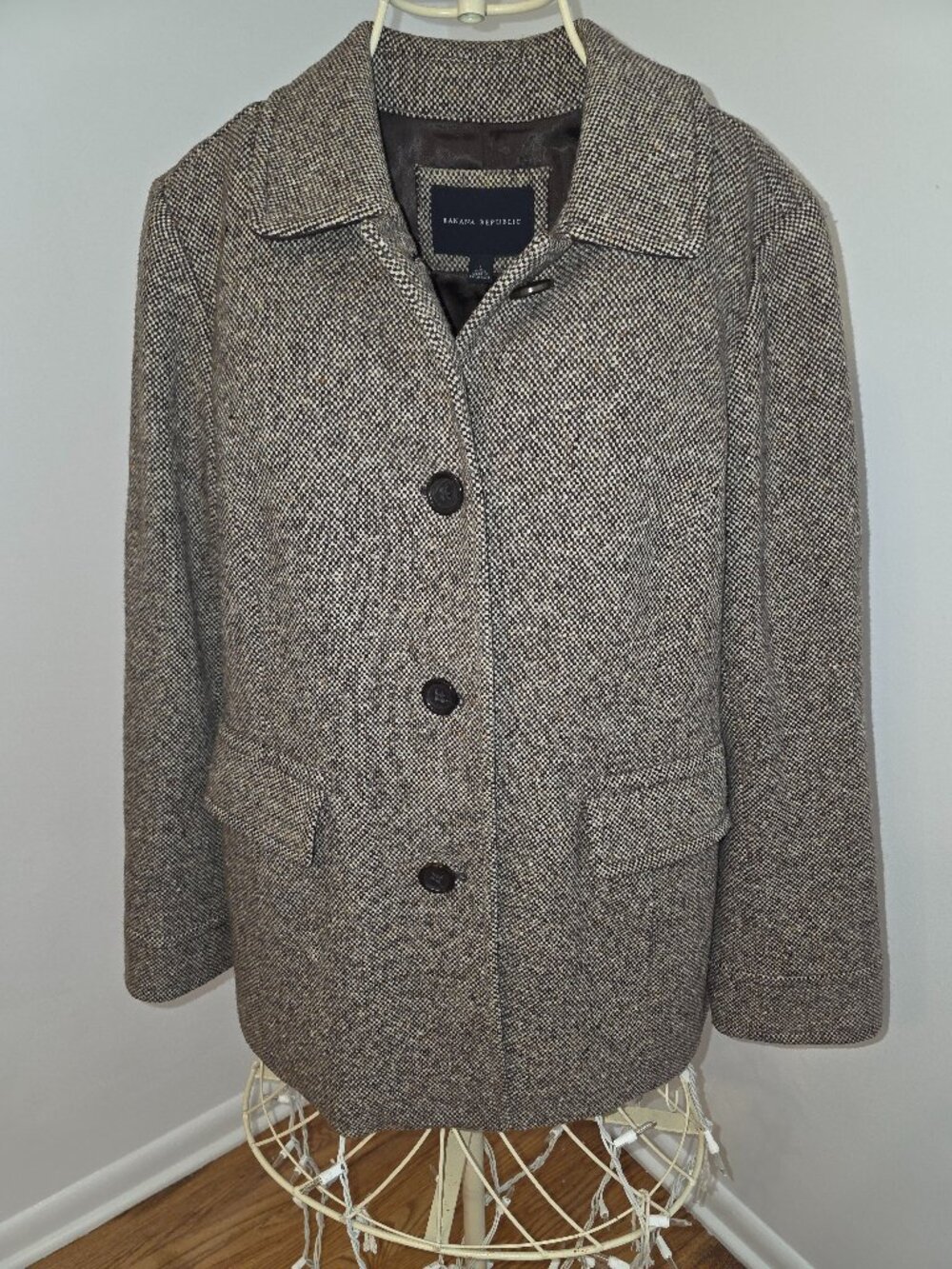 Banana Republic Wool Blend Tweed Blazer Jacket Brown Tan Size L Classic Tailored